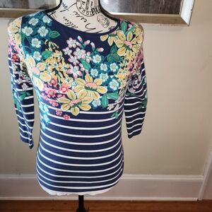 Talbots Navy Floral Stripe Blouse
